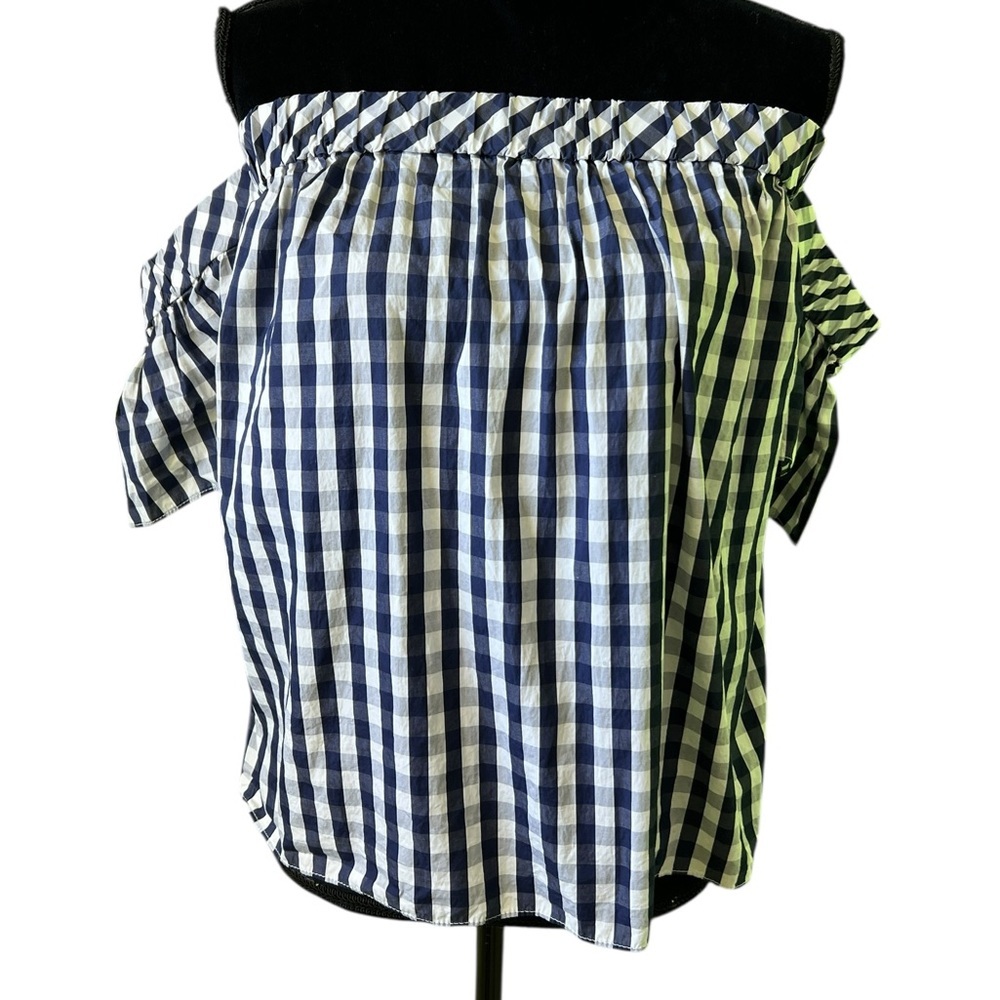 Milly Blue White Gingham‎ Check Off Shoulder Blouse Top Cotton Womens M